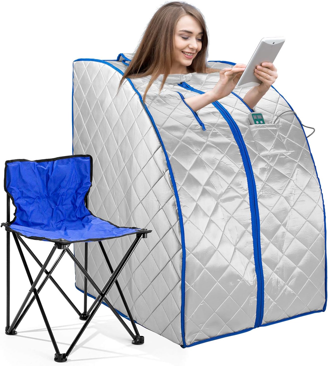 Durherm FAR IR Negative Ion Portable Sauna — head-out sit-inside design with foot heating pad